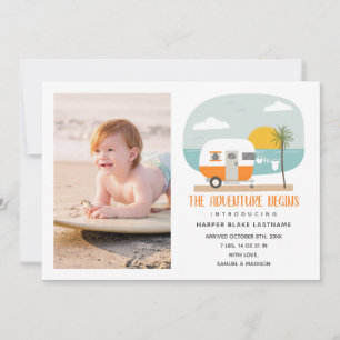 Adventure Beach Orange Camper Baby Birth Announcement