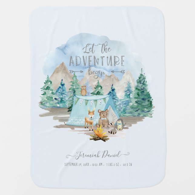 Adventure Begin Animals Camp Baby Boy Birth Stats Baby Blanket (Front)