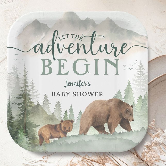 Adventure Begin Baby Shower Bear Woodland Forest Paper Plates (Creator Uploaded)