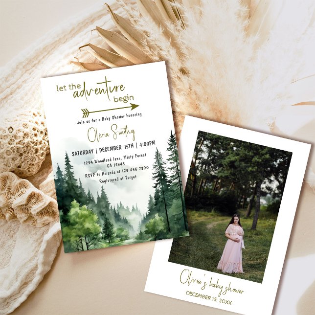 Adventure Begin Forest Rustic Mountain Baby shower Invitation (Creator Uploaded)