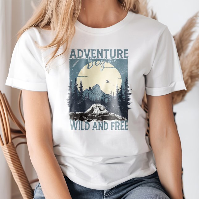 "Adventure Begin" Mountain Full Moon Landscape T-Shirt ("Adventure Begin" Mountain Full Moon Landscape T-Shirt on a young woman.)