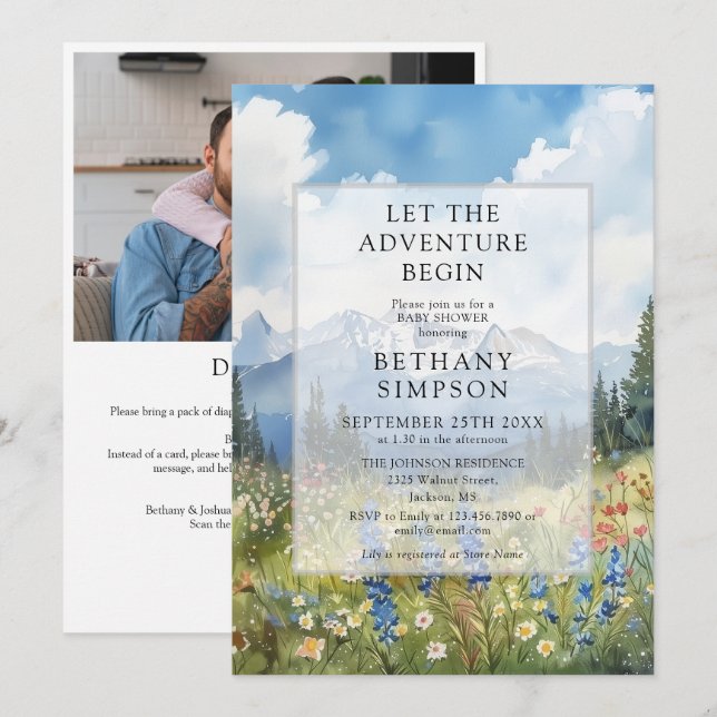 Adventure Begin Mountain Photo QR Code Baby Shower Invitation (Front/Back)