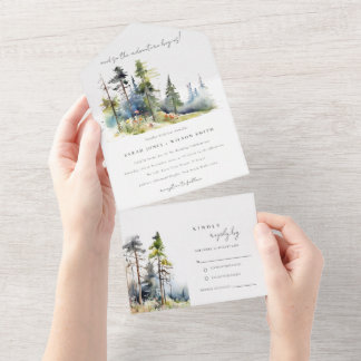 Adventure Begin Pine Forest Landscape Wedding All In One Invitation