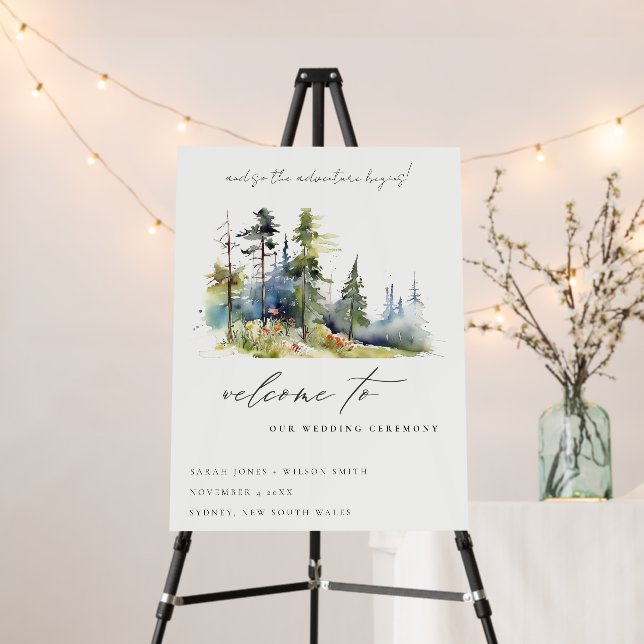 Adventure Begin Pine Forest Wedding Welcome Foam Board (In Situ (Stand))