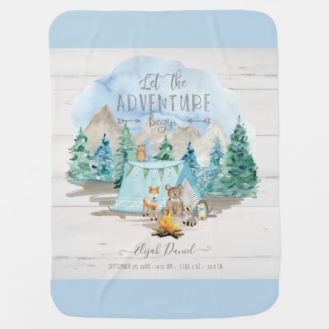 Adventure Begin Rustic Blue Baby Boy Birth Stats  Blanket (Front)