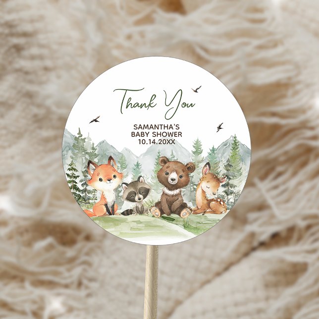 Adventure Begin Woodland Animals Baby Shower Classic Round Sticker (Adventure Begin Woodland Animals Baby Shower Sticker)