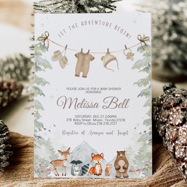 Adventure Begin Woodland Animals Baby Shower Invitation (Adventure Begins" Woodland Animals Baby Shower Invitation with adorable woodland creatures like bear)