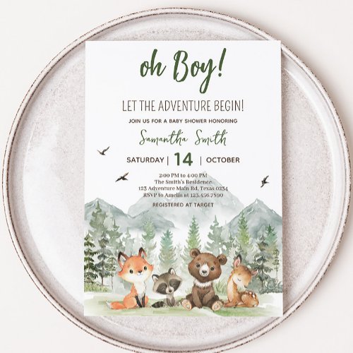 Adventure Begin Woodland Animals Baby Shower Invitation