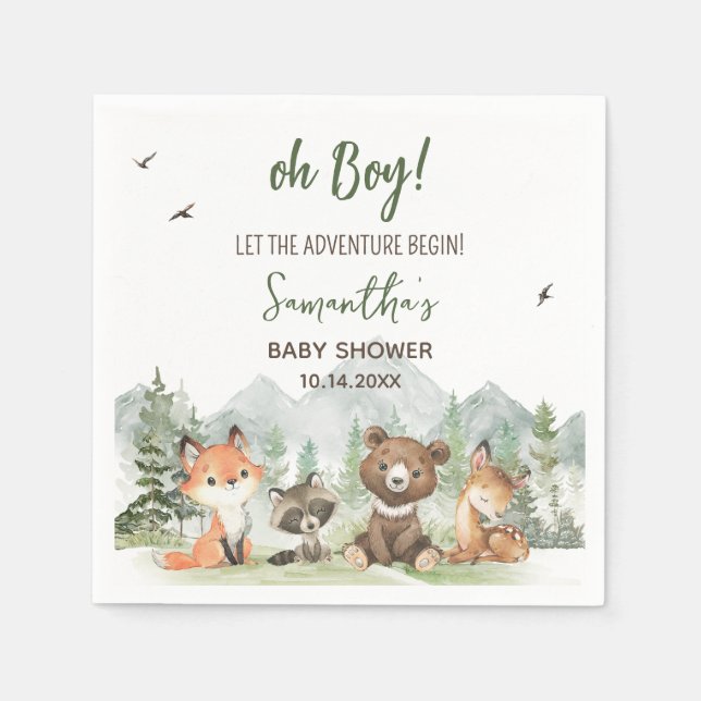 Adventure Begin Woodland Animals Baby Shower Napkins (Front)