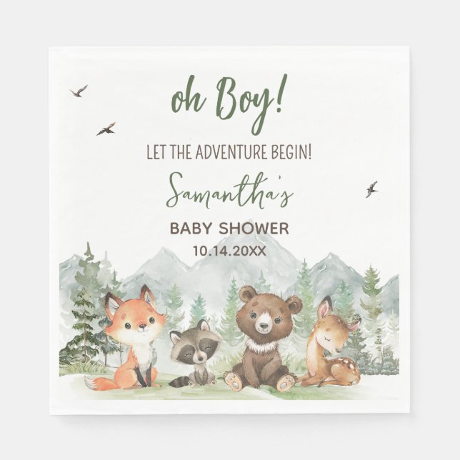 Adventure Begin Woodland Animals Baby Shower Napkins (Front)