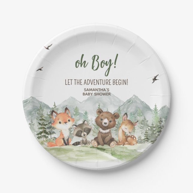 Adventure Begin Woodland Animals Baby Shower Paper Plates (Front)