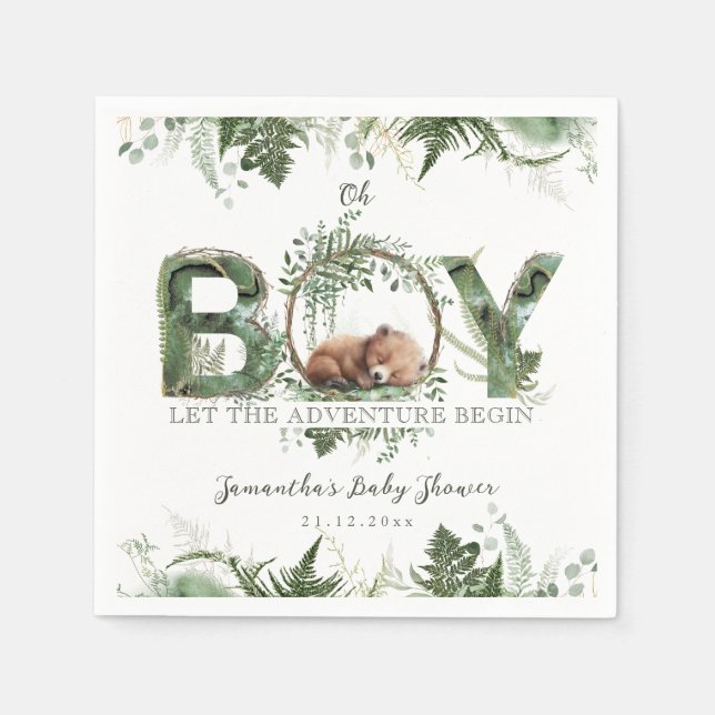 Adventure Begin Woodland Bear Baby Boy Shower Napkins (Front)