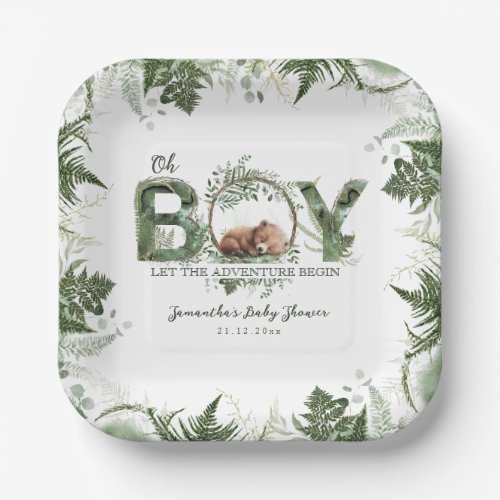 Adventure Begin Woodland Bear Baby Boy Shower Paper Plates