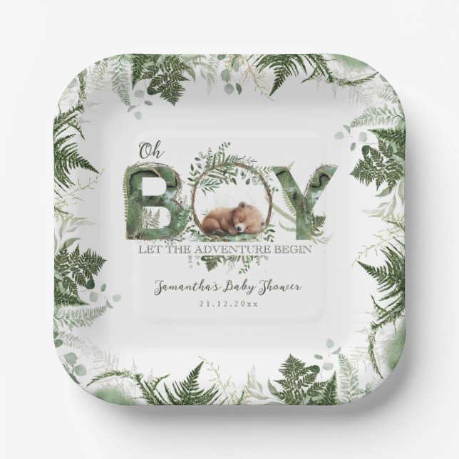 Adventure Begin Woodland Bear Baby Boy Shower Paper Plates (Front)