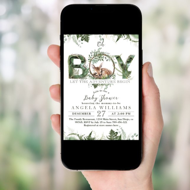 Adventure Begin Woodland Deer Baby Boy Shower Invitation (Front Digital)