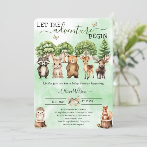 Adventure Begin Woodland GenderNeutral Baby Shower Invitation