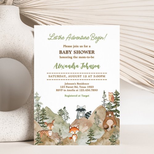 Adventure Begin Woodland Mountain Baby Shower Invitation