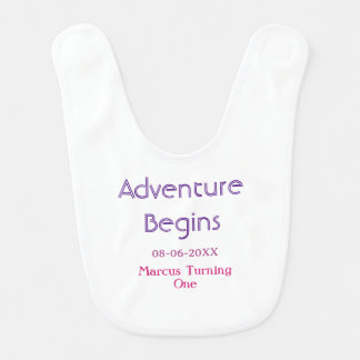 Adventure begins 1st birthday name date simple min baby bib