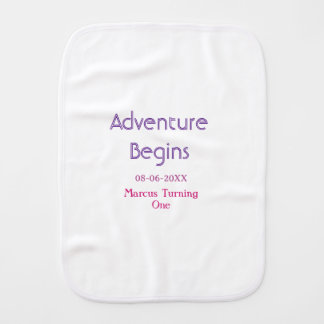 Adventure begins 1st birthday name date simple min baby burp cloth
