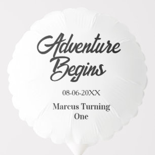 Adventure begins 1st birthday name date simple min balloon
