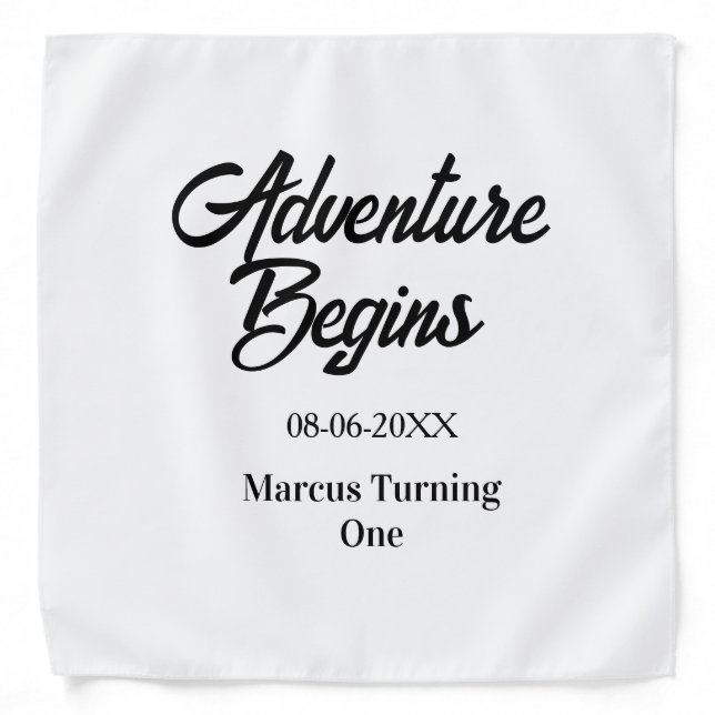 Adventure begins 1st birthday name date simple min bandana (Front)