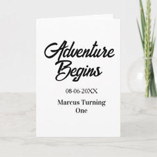 Adventure begins 1st birthday name date simple min card
