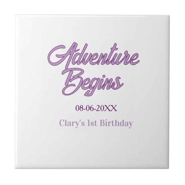 Adventure begins 1st birthday name date simple min ceramic tile (Front)