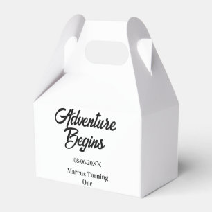 Adventure begins 1st birthday name date simple min favor boxes