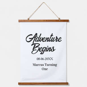 Adventure begins 1st birthday name date simple min hanging tapestry