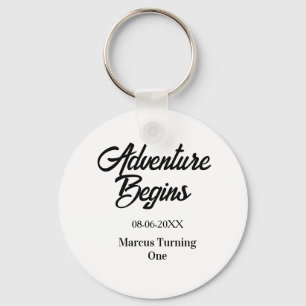 Adventure begins 1st birthday name date simple min keychain