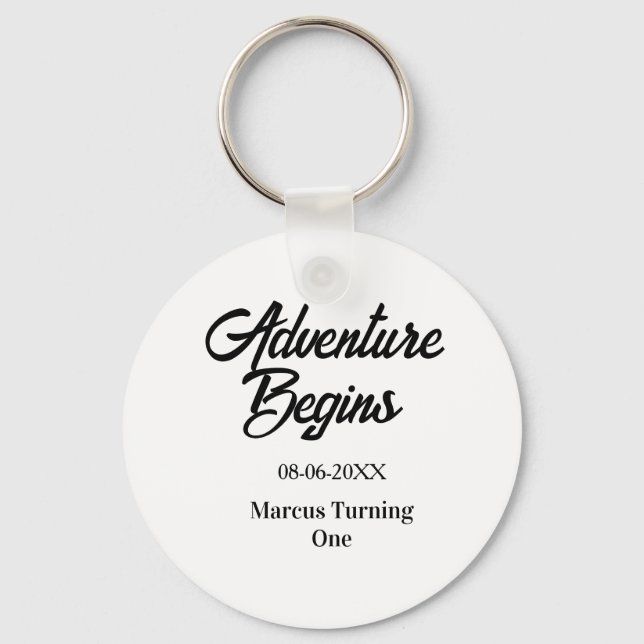 Adventure begins 1st birthday name date simple min keychain (Front)