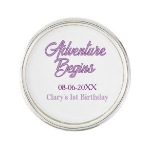 Adventure begins 1st birthday name date simple min lapel pin