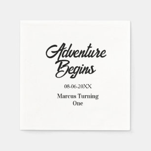 Adventure begins 1st birthday name date simple min napkins
