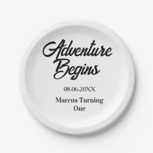 Adventure begins 1st birthday name date simple min paper plates