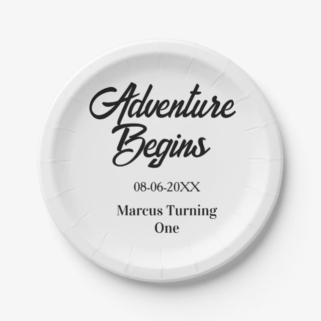 Adventure begins 1st birthday name date simple min paper plates (Front)