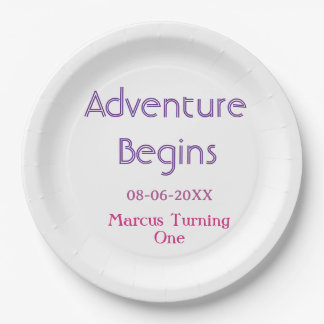 Adventure begins 1st birthday name date simple min paper plates