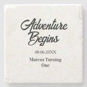 Adventure begins 1st birthday name date simple min stone coaster