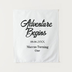 Adventure begins 1st birthday name date simple min tapestry