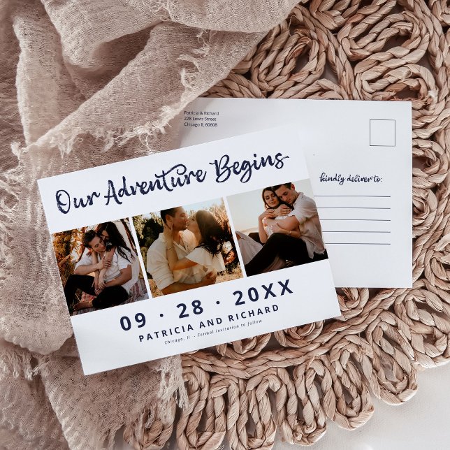 Adventure Begins 3-Photo Wedding Save The Date   Postcard (Creator Uploaded)