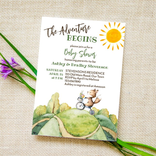 Adventure begins baby fox riding bike baby shower invitation (Creator Uploaded)