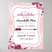 Adventure Begins Baby Girl Birth Stats Pink Arrow Poster