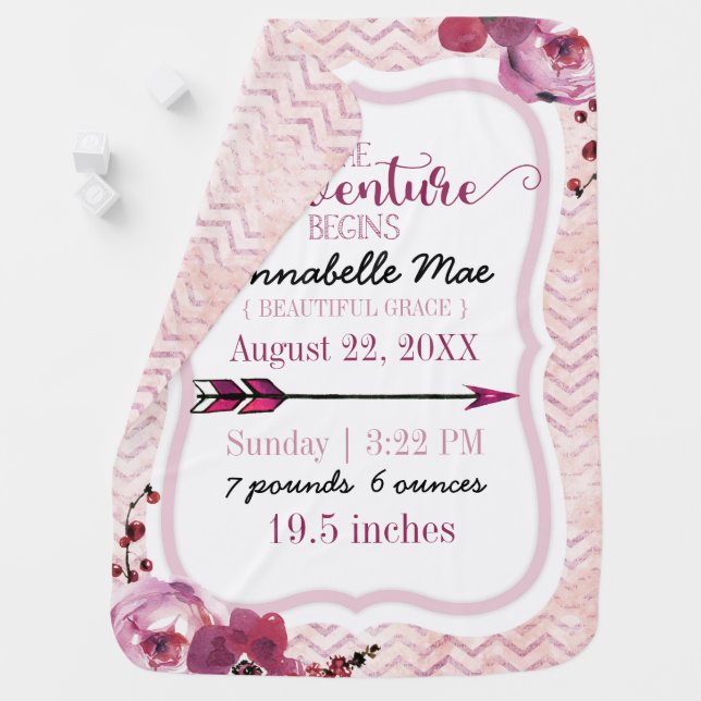 Adventure Begins Baby Girl Birth Stats Pink Arrow Stroller Blanket (In Situ)
