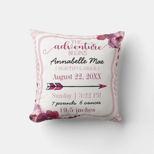Adventure Begins Baby Girl Birth Stats Pink Arrow Throw Pillow (Front)