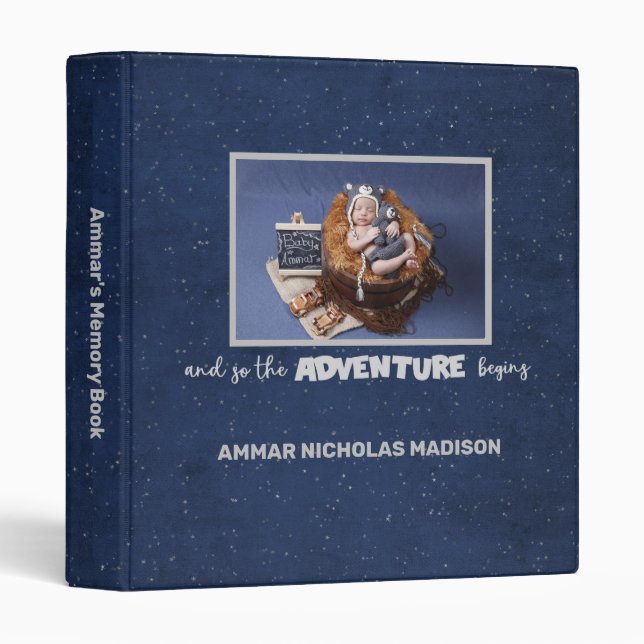 Adventure Begins Baby Memory Album | Navy Blue 3 Ring Binder (Front/Spine)