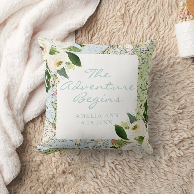 Adventure Begins Baby Name Date Floral Map Custom Throw Pillow (Blanket)