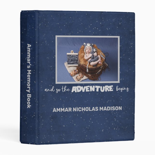 Adventure Begins Baby Photo Album | Navy Blue Mini Binder (Front/Spine)