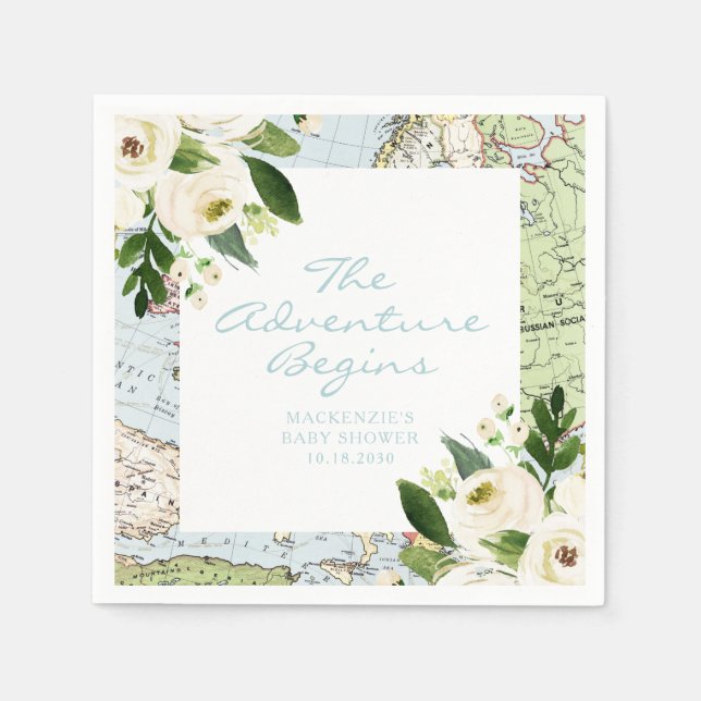 Adventure Begins Baby Shower Floral Map Custom Napkins (Front)
