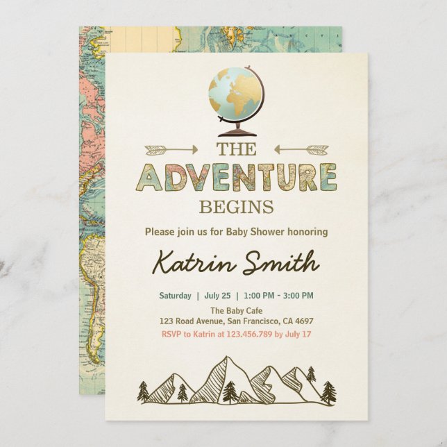 Adventure begins Baby shower invitation Globe map (Front/Back)