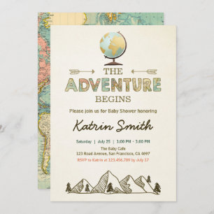 Adventure begins Baby shower invitation Globe map