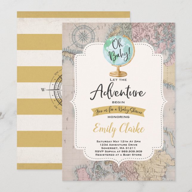 Adventure Begins Baby Shower Invitation Map Shower (Front/Back)